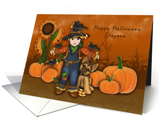 Halloween for a Stepson Scarecrow with His Puppy Pumpkin Patch card