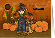 Halloween Customize Front Name Scarecrow with His Puppy Pumpkin Patch card
