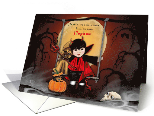 Halloween for a Nephew Little Devil with his Dog on a Swing card