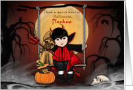 Halloween for a Nephew Little Devil with his Dog on a Swing card