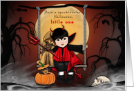 Halloween for a Young Boy Little Devil with his Dog on a Swing card