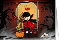 Halloween Customize with any Name Little Devil with his Dog on a Swing card