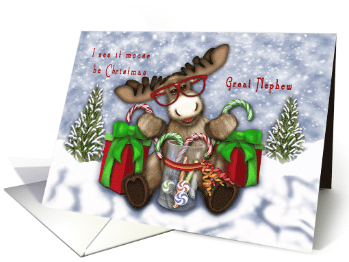 Christmas for Great Nephew a Moose with Glasses card (1645584)