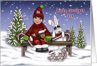Merry Christmas Son a Little Boy on Bench with Animals card