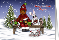 Merry Christmas Stepson an Ethnic Little Boy on Bench with Animals card