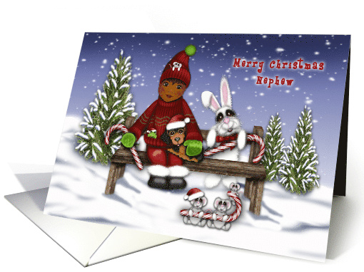 Merry Christmas Nephew an Ethnic Little Boy on Bench with Animals card