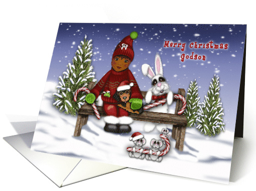 Merry Christmas Godson an Ethnic Little Boy on Bench Animals card