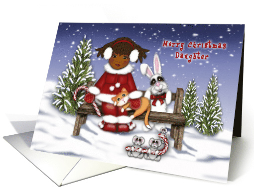 Merry Christmas Daughter Ethnic Girl on Bench with Animals card