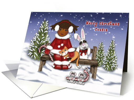 Merry Christmas Cousin Ethnic Girl on Bench with Animals card