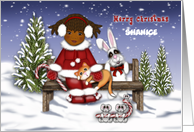 Merry Christmas Customize Any Name Ethnic Girl on Bench with Animals card