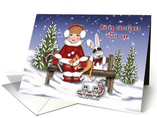 Merry Christmas for a Young Girl on Bench with Animals card (1647188)