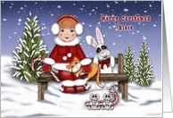 Merry Christmas Niece Girl on Bench with Animals card