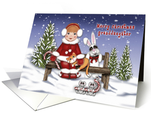 Merry Christmas Granddaughter Girl on Bench with Animals card