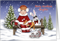 Merry Christmas Daughter Girl on Bench with Animals card