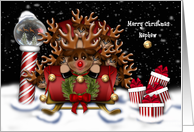 Christmas for Nephew Nine Reindeer in Sleigh North Pole card