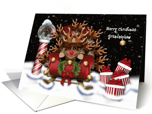 Christmas for Grandnephew Nine Reindeer in Sleigh North Pole card