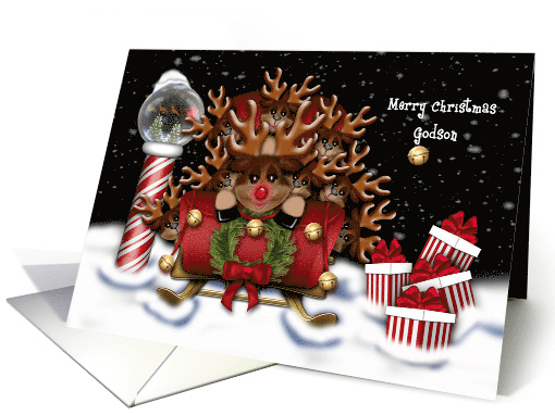 Christmas for Godson Nine Reindeer in Sleigh North Pole card (1652982)