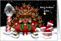 Christmas for Godson Nine Reindeer in Sleigh North Pole card