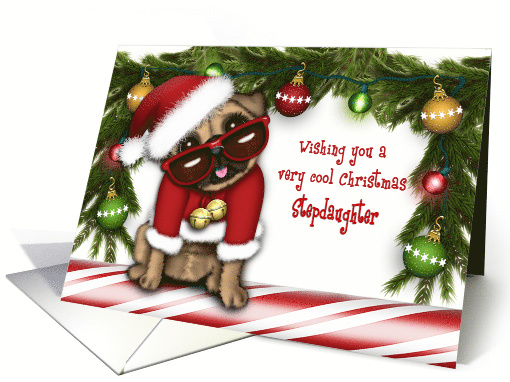 Christmas for a Stepdaughter Pug in a Santa Suit with Glasses card