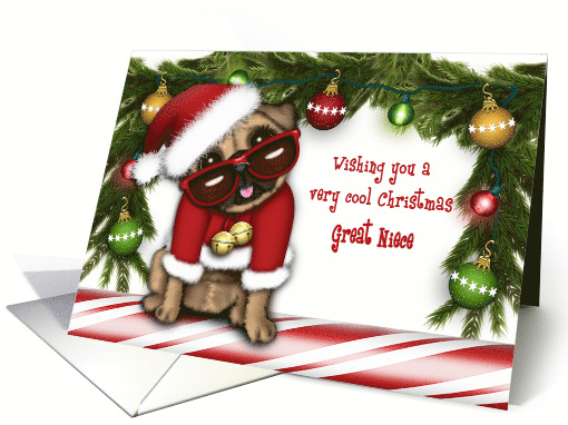 Christmas for a Great Niece Pug in a Santa Suit with Glasses card