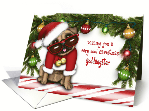 Christmas for a Goddaughter Pug in a Santa Suit with Glasses card