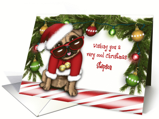 Christmas for a Stepson Pug in a Santa Suit with Glasses card