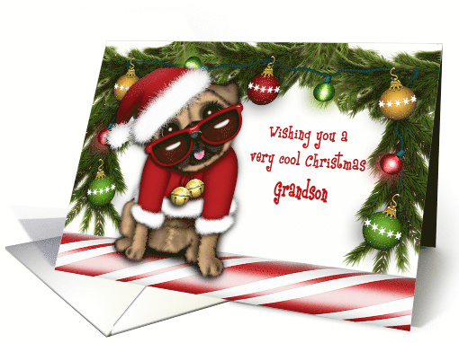 Christmas for a Grandson Pug in a Santa Suit with Glasses card