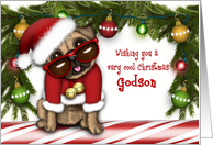 Christmas for a Godson Pug in a Santa Suit with Glasses card