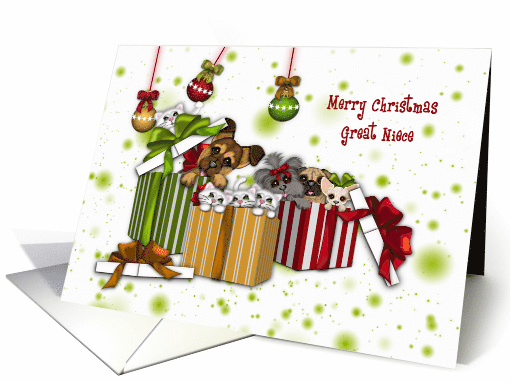 Christmas for a Great Niece Puppies Kittens and Presents card