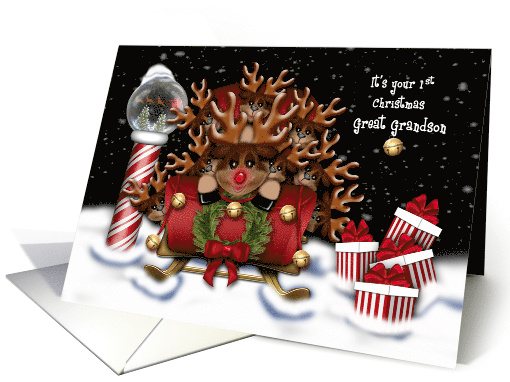 First Christmas Great Grandson Nine Reindeer in Sleigh North Pole card