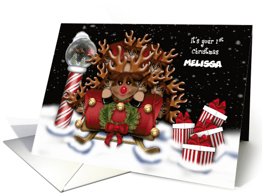 First Christmas Customize Name Nine Reindeer in Sleigh North Pole card