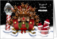 First Christmas Customize Name Nine Reindeer in Sleigh North Pole card