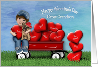 Valentine for Great Grandson Boy and Dog Sitting in Wagon with Hearts card