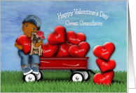 Valentine for Great Grandson Ethnic Boy and Puppy in Wagon with Hearts card