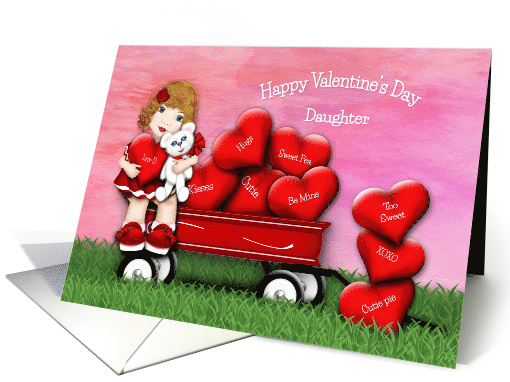 Valentine for a Young Daughter Teddy Bear in Wagon with Hearts card