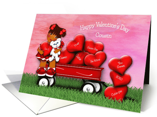 Valentine for Ethnic Young Cousin Girl in Wagon full of Hearts card