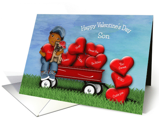 Valentine for Your Son Ethnic Boy and Puppy in Wagon with Hearts card