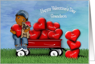 Valentine for Your Grandson Ethnic Boy and Puppy in Wagon with Hearts card