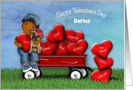 Valentine Customize with Any Name Ethnic Boy and Puppy in Wagon Hearts card