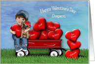 Valentine for Stepson Boy and Dog Sitting in Wagon with Hearts card