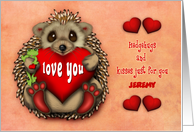 Valentine Customize with Any Name Hedgehog Holding a Frog and a Heart card