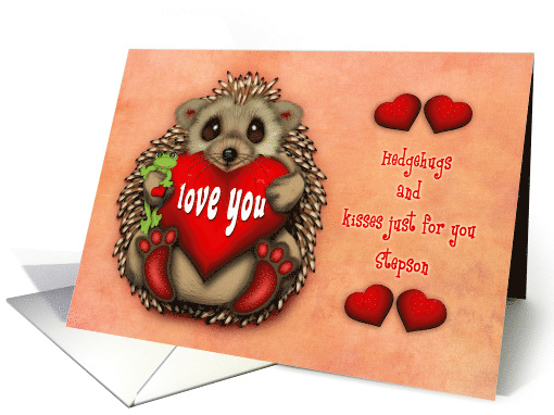 Valentine for a Stepson Hedgehog Holding a Frog and a Heart card