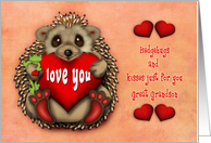 Valentine for a Great Grandson Hedgehog Holding a Frog and a Heart card