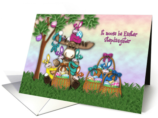Easter for Stepdaughter Moose with Colorful Bunnies and Eggs card