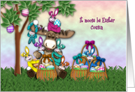 Easter for Cousin Moose with Colorful Bunnies and Eggs card