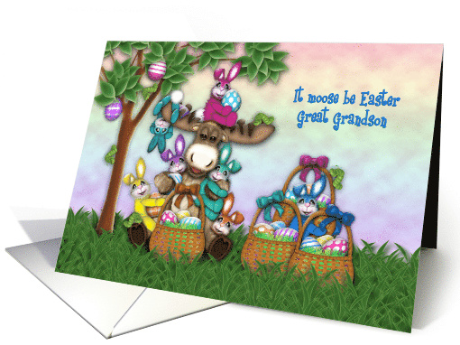 Easter for a Great Grandson Moose Colorful Bunnies Eggs card (1669124)