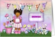 Easter Customize with Any Name Young Girl with Bunnies and Flowers card