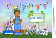 Easter for a Great Grandson Ethnic Young boy with Bunnies and Flowers card