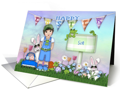 Easter for a Son Young boy with Bunnies and Flowers card (1671294)
