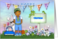 Easter Customize with Any Name Ethnic Boy Bunnies Frogs and Flowers card